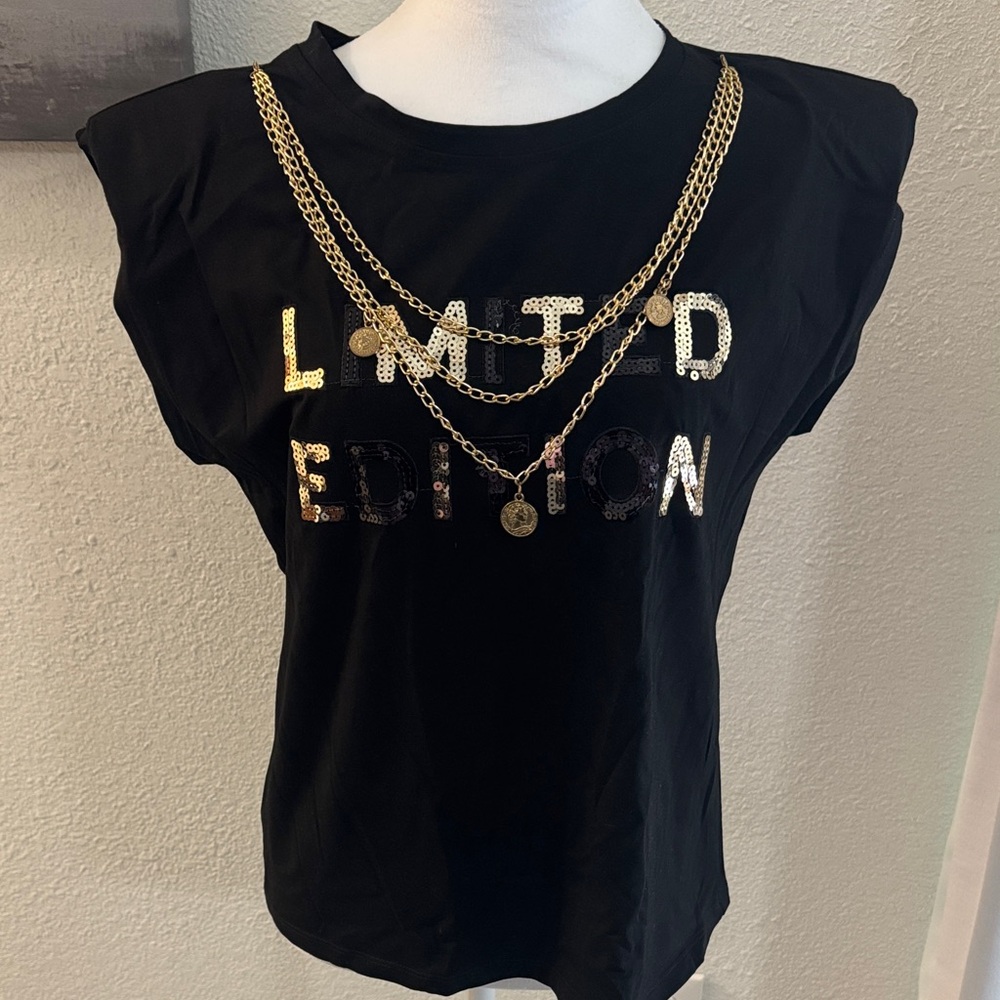 Black Sequin 'LIMITED EDITION' Muscle Tank with Gold Chain Detail